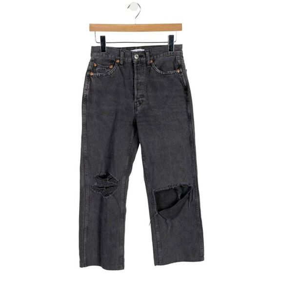 RE/DONE Originals High Rise Wide Leg Distressed Black Wash Cropped Jeans 90's si - Picture 1 of 10